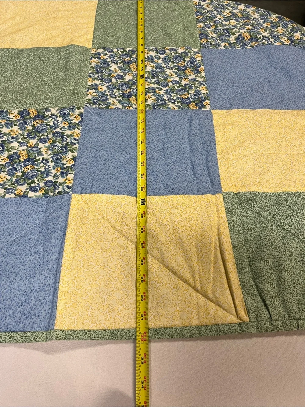 Handmade Patchwork Quilt 32x40 Blue Green Yellow Floral Cottagecore Lap